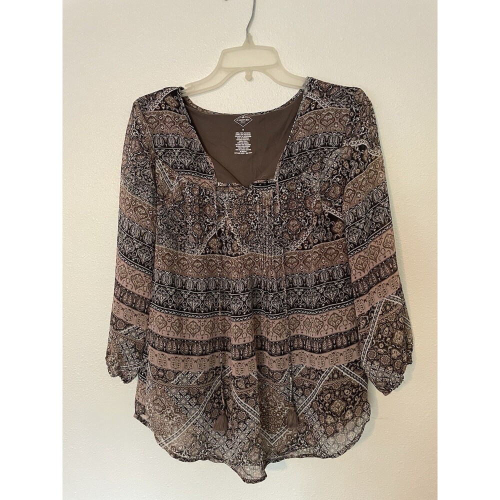 St Johns Bay Womens Small Brown Paisley Chiffon Pintuck Tassel Peasant Blouse